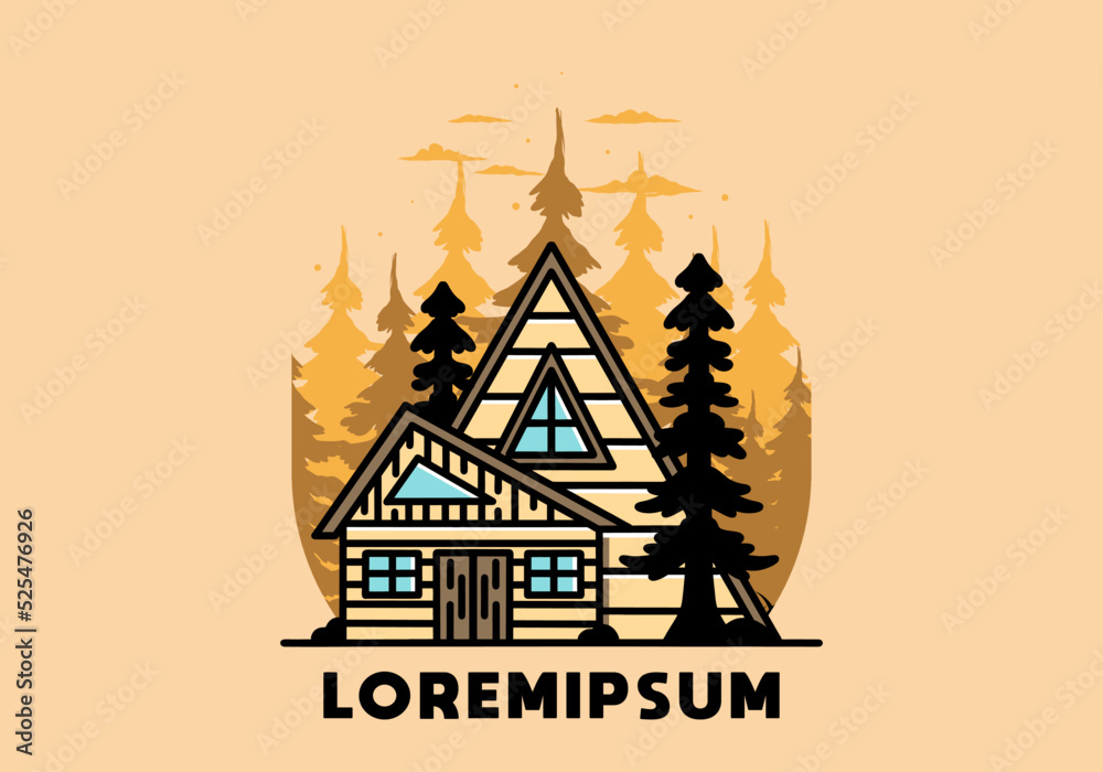Aesthetic wood house between two pine tree illustration badge design Aesthetic wood house between two pine tree illustration badge design