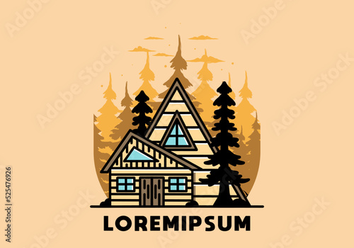 Aesthetic wood house between two pine tree illustration badge design