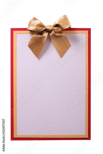 Christmas gift card or birthday invite red gold bow decoration white isolated transparent background photo PNG file