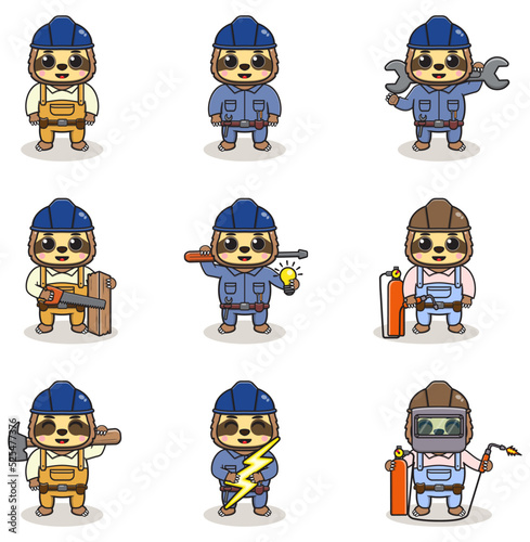 Vector illustration of Sloth Construction, builder, electrician, welder and handymen cartoon. Cute Sloth engineers workers, builders characters isolated cartoon illustration.