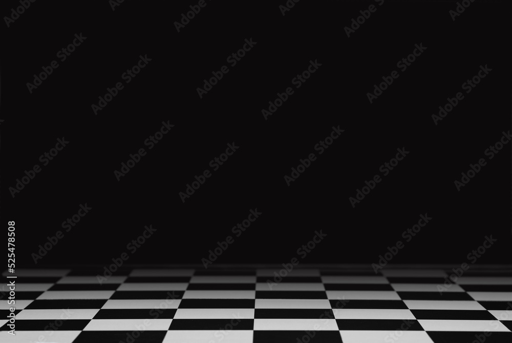 Naklejka premium Black and white chess floor. empty chess board with dark background. 