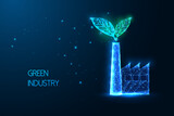 Green industry concept with factory and leaves in futuristic glowing low polygonal style on blue 