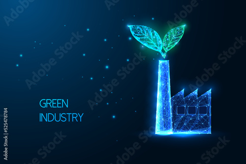 Green industry concept with factory and leaves in futuristic glowing low polygonal style on blue 