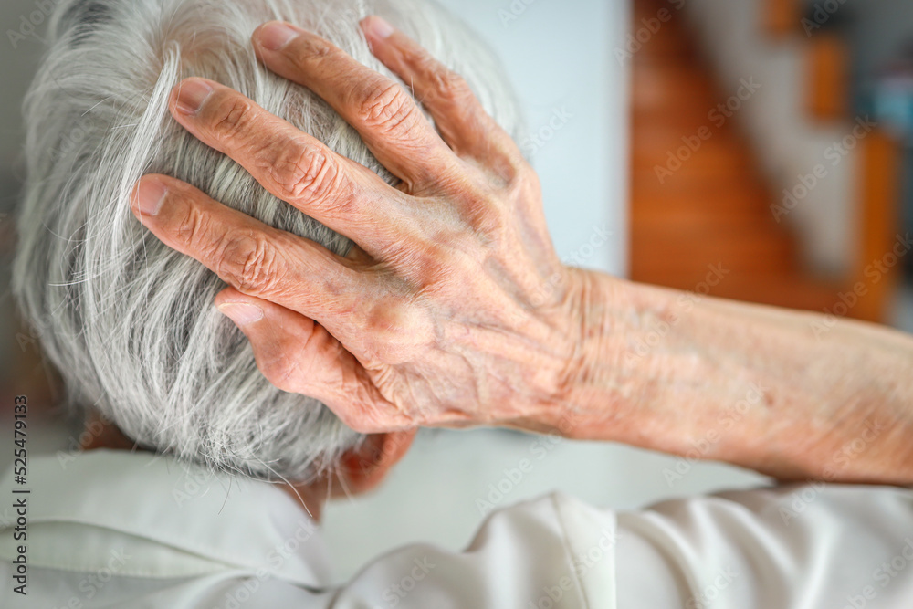 Fototapeta premium Asian old elderly holding her back of head,emergency headache,painful occurs after a blow to the head,high intracranial pressure,hemorrhage of the brain,senior woman with pain in the skull,health care