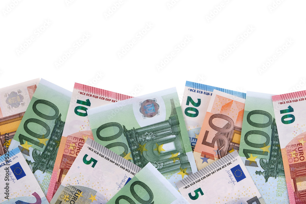 Border of various different Euro paper currency bills isolated transparent background photo PNG file - obrazy, fototapety, plakaty 