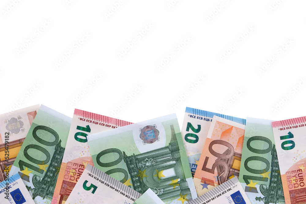 Border of various different Euro money currency bills flat isolated transparent background photo PNG file - obrazy, fototapety, plakaty 