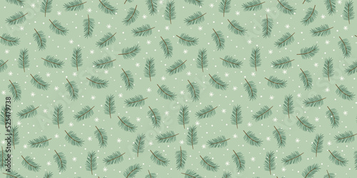 Christmas and Happy New Year seamless pattern. Spruce branches, snowflakes, snow. New Year symbols.Trendy retro style. Vector design.