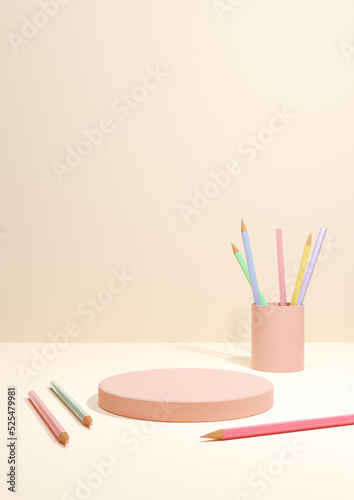 Light beige, pastel orange 3D illustration back to school product display podium or stand, vertical image from the side with pencils on table for product photography background or wallpaper.