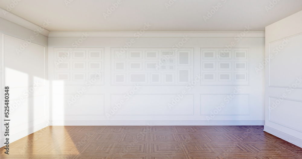 Wnętrze, pusty pokój z białymi ścianami i ozdobnymi sztukateriami. Dębowa klasyczna podłoga. 3d rendering - obrazy, fototapety, plakaty 