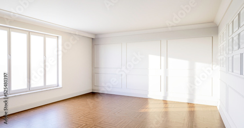 Wnętrze, pusty pokój z białymi ścianami i ozdobnymi sztukateriami. Dębowa klasyczna podłoga. 3d rendering