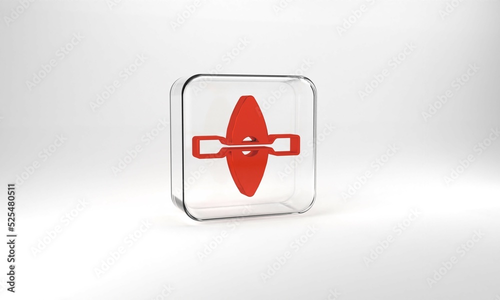 Red Kayak and paddle icon isolated on grey background. Kayak and canoe for fishing and tourism. Outdoor activities. Glass square button. 3d illustration 3D render