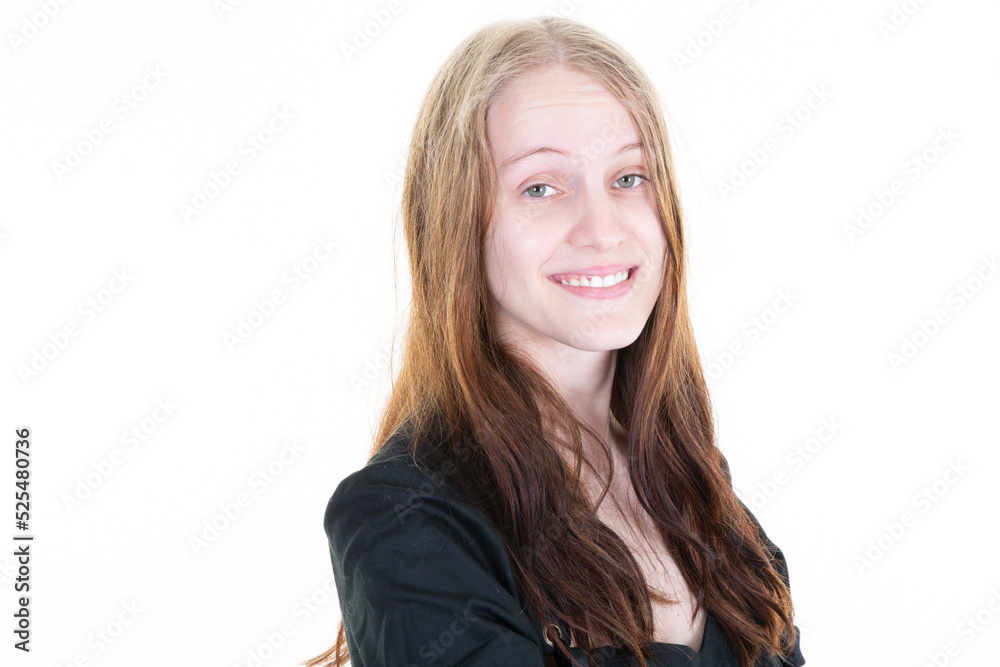 Portrait of beautiful natural blonde woman smiling and looking camera with white teeth in close-up portrait of cute female girl in black suit jacket isolated on white background