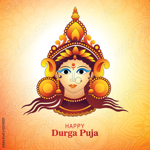 Goddess durga face in happy durga puja subh navratri card background
