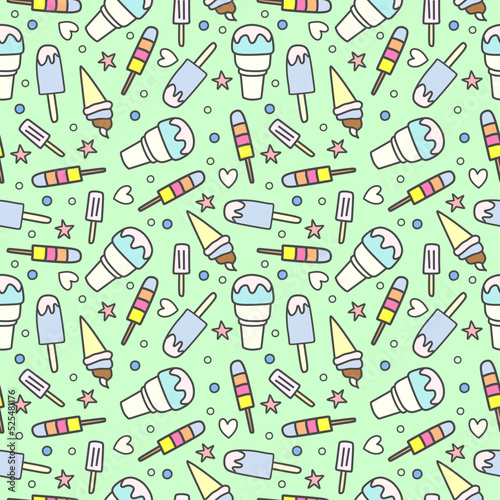 Ice cream cool drink seamless pattern isolated on green background.