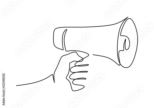 One continuous single line hand drawing of hand hold horn isolated on white background.