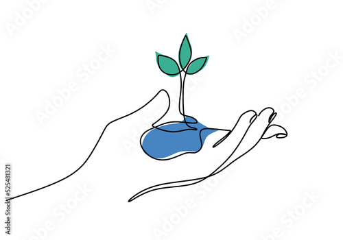 One continuous single line hand drawing of hand bring plant isolated on white background.