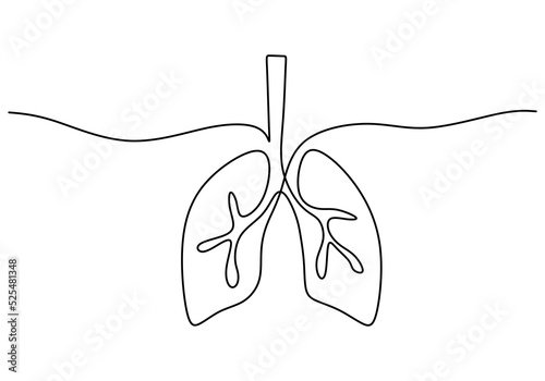 One continuous single line hand drawing of lungs isolated on white background.