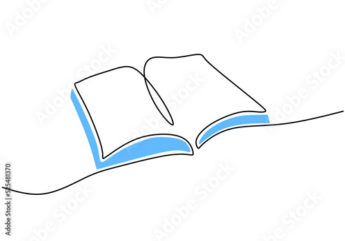 One continuous single line hand drawing of opened book isolated on white background.