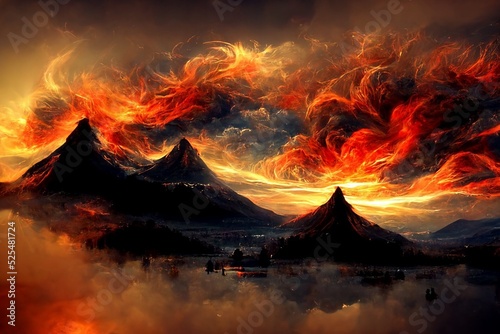 Background abstract art Mountains sky on fire