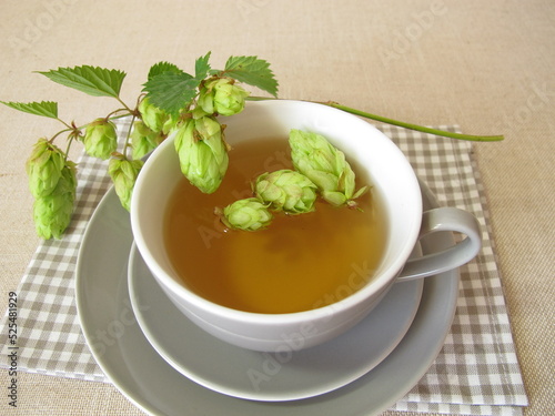Hops tea, herbal tea with hop flowers
