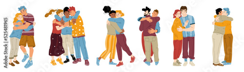 Set of happy people hugging isolated on white background. Male and female flat characters embracing. Family, friends and couple standing together, showing love and care feelings. Vector illustration