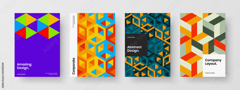 Modern mosaic hexagons brochure layout set. Isolated pamphlet A4 design vector concept bundle.