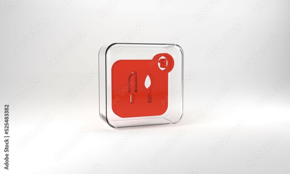 Red Food ordering icon isolated on grey background. Order by mobile phone. Restaurant food delivery concept. Glass square button. 3d illustration 3D render Red Food ordering icon isolated on grey background. Order by mobile phone. Restaurant food delivery concept. Glass square button. 3d illustration 3D render