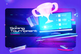 Gaming tournament cartoon landing page. Modern online sport game championship contest with gold champion trophy prize over computer desktop. Esport competition announcement, Vector web banner