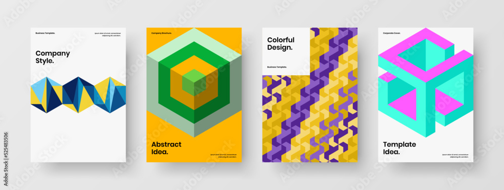 Bright magazine cover A4 vector design concept composition. Colorful mosaic shapes company brochure illustration set.