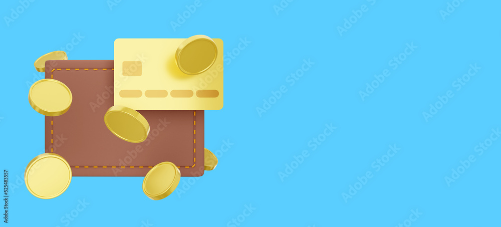 Fototapeta premium Closed wallet with credit card, coins flying on blue background, space for text banner. Payment concept. Savings, enrichment icon. 3d rendering.