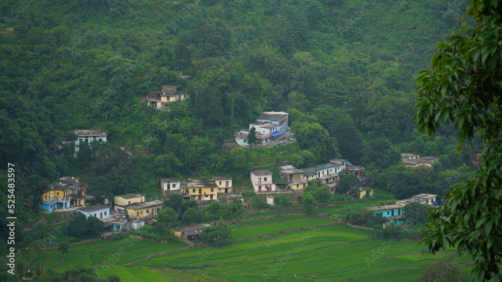 uttarakhand houses in green hills outdoor shoot hd.