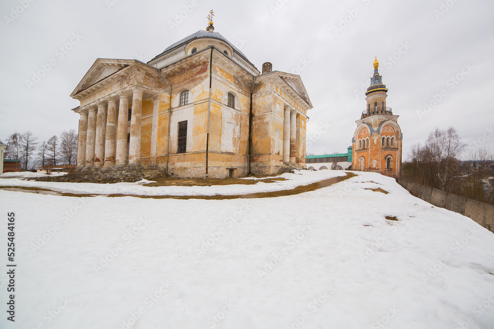 Russia. City of Torzhok. Borisoglebsky Monastery in winter. Monument of architecture of the 18th century. Shooting at an ultra-wide angle.