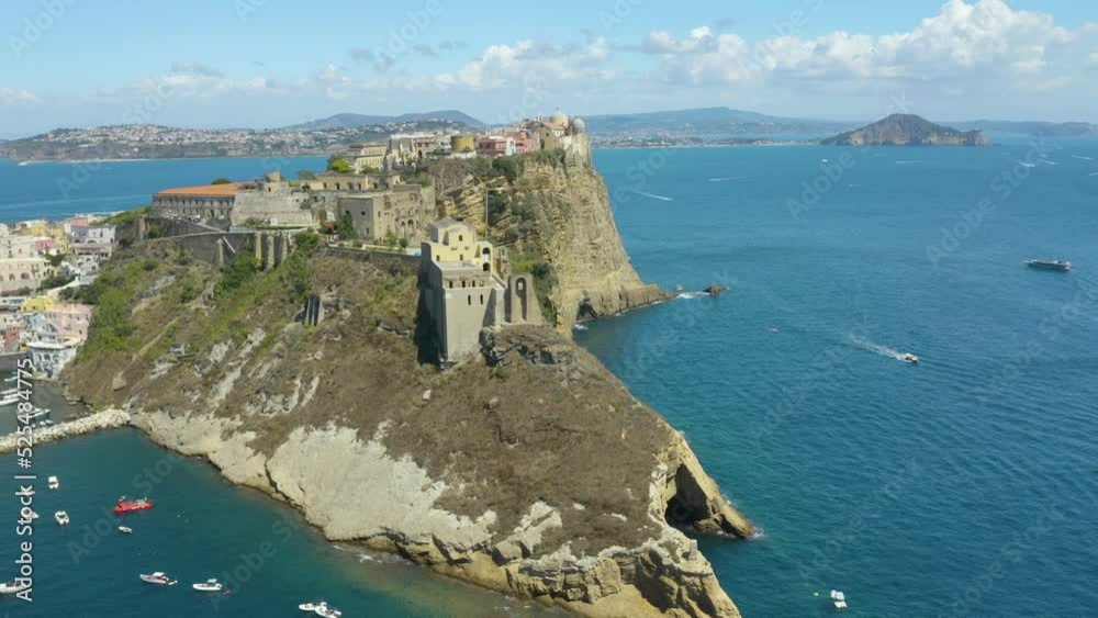 Aerial Rotating Shot Above Steep Cliffs in Procida, Italy. Summer Aerial Rotating Shot Above Steep Cliffs in Procida, Italy. Summer