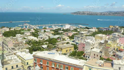 Aerial Pullback Reveals Procida, Italy. A Beautiful Island off the Coast of Napoli photo