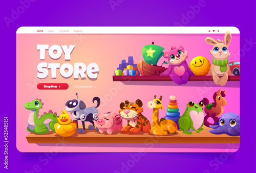 Toy store cartoon landing page with funny kids toys on wooden shelf in shop or market showcase, plush animals, piggy bank, smiling ball and robot dog for children games and playing, Vector web banner
