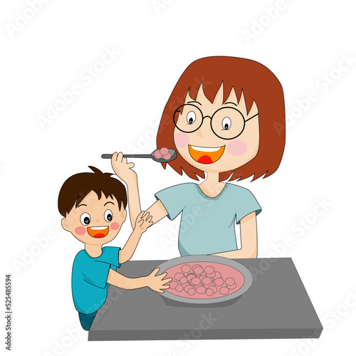 mother and son eating on the table