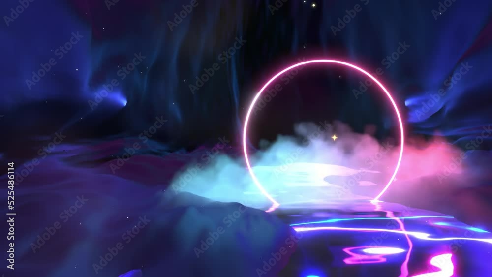 Looped neon glowing ring and clouds above the water in a dark cave ...
