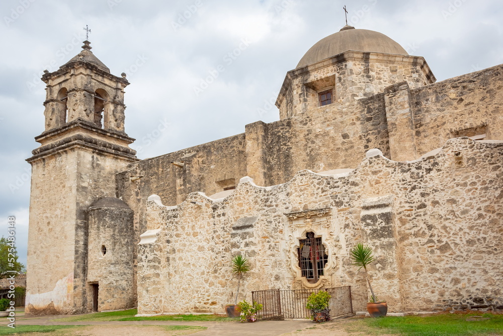 Historic architecture Spanish San Antonio Texas Mission San Jose on a cloudy day