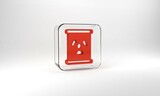 Red Radioactive waste in barrel icon isolated on grey background. Toxic refuse keg. Radioactive garbage emissions, environmental pollution. Glass square button. 3d illustration 3D render
