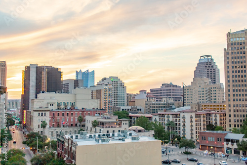 Fotografie Downtown San Antonio Texas building city skyline during a golden sunset