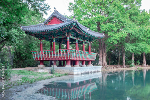 Korean architecture pond pavilion reflection in Denman Estate Park San Antonio Texas