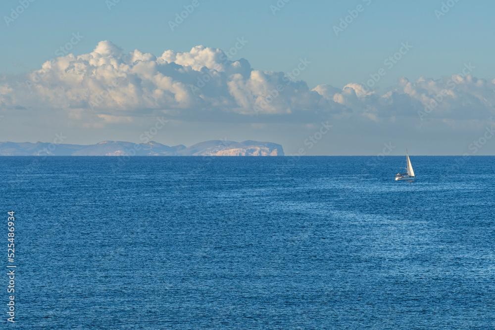 sailboat sailing in front, Cabrera Islands, Majorca, Balearic Islands, Spain