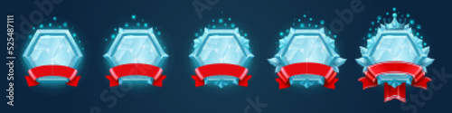 Set of diamond rank frames for game. Vector design of luxury blue germstone or frozen avatar templates decorated with red ribbon, ice leaves, sophisticated royal crown. Collection of round ui elements