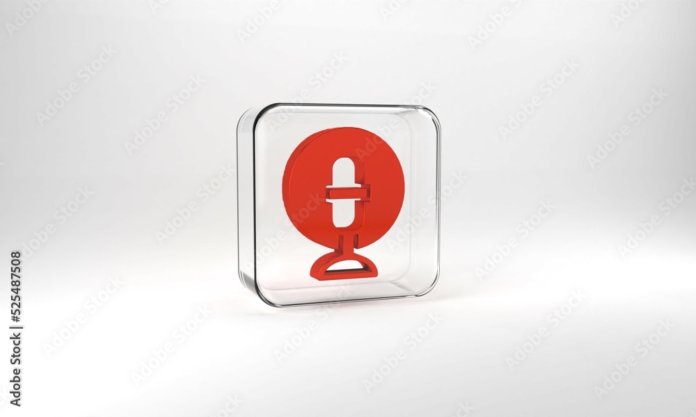 Red Microphone icon isolated on grey background. On air radio mic microphone. Speaker sign. Glass square button. 3d illustration 3D render Red Microphone icon isolated on grey background. On air radio mic microphone. Speaker sign. Glass square button. 3d illustration 3D render