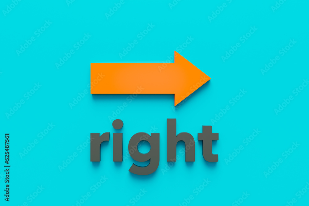 Right, direction sign with arrow. Direction sign, orange arrow shows to the right. Blue background. The word right in dark letters. Street sign, geographical or political direction. 3D illustration. Right, direction sign with arrow. Direction sign, orange arrow shows to the right. Blue background. The word right in dark letters. Street sign, geographical or political direction. 3D illustration.