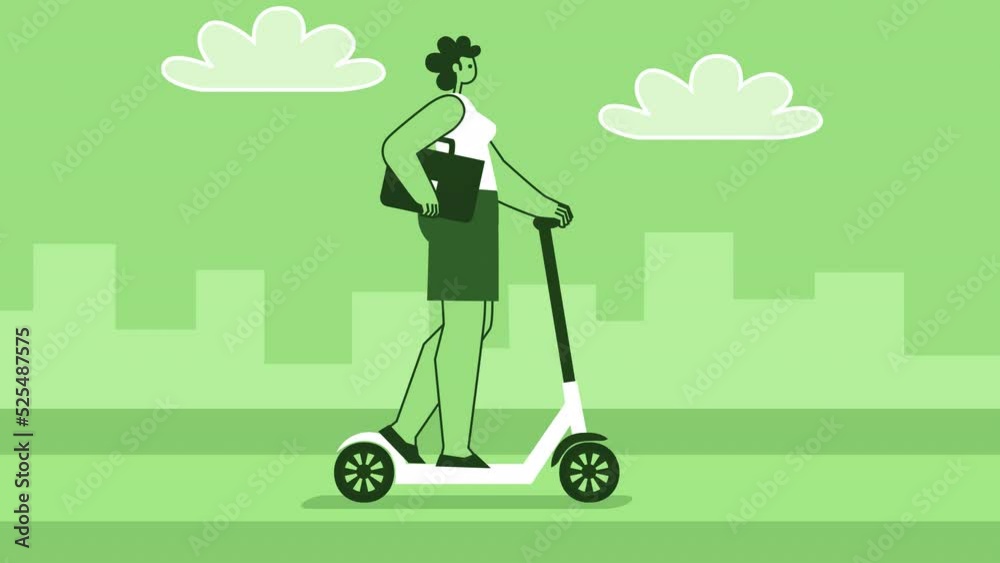 Green Style Woman with Briefcase Flat Character Riding an Electric Scooter. Isolated Loop Animation with Alpha Channel Green Style Woman with Briefcase Flat Character Riding an Electric Scooter. Isolated Loop Animation with Alpha Channel