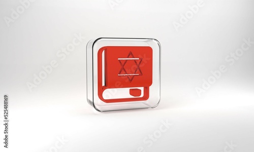 Red Jewish torah book icon isolated on grey background. On the cover of the Bible is the image of the Star of David. Glass square button. 3d illustration 3D render