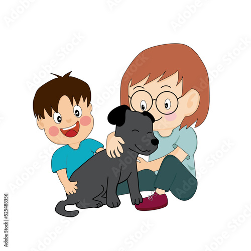 mother and son playing with black dog