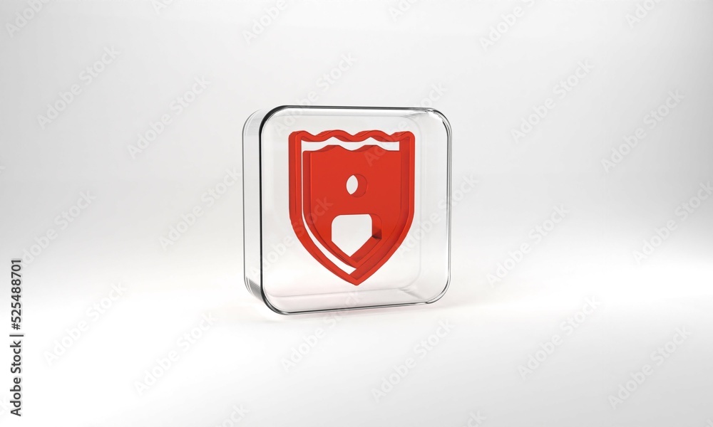 Red Life insurance with shield icon isolated on grey background. Security, safety, protection, protect concept. Glass square button. 3d illustration 3D render Red Life insurance with shield icon isolated on grey background. Security, safety, protection, protect concept. Glass square button. 3d illustration 3D render