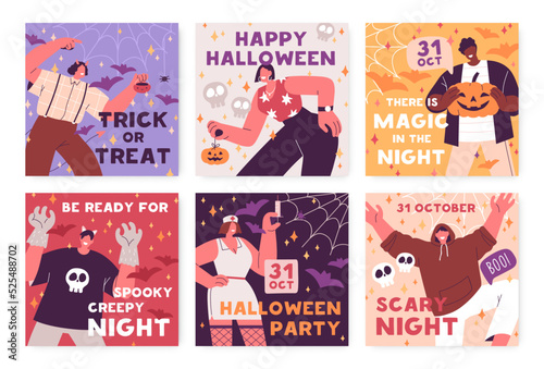 Halloween party cards designs. Helloween holiday square flyers backgrounds. Promo templates set for creepy scary October carnival night celebration with happy people. Colored flat vector illustrations
